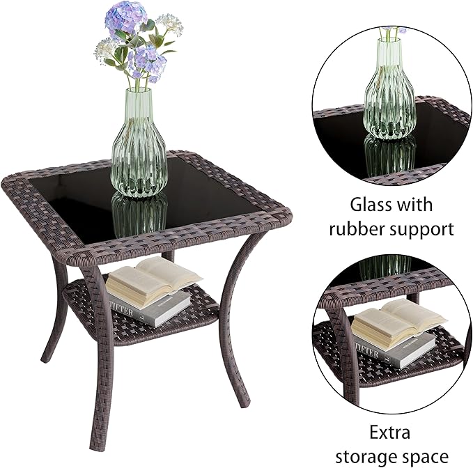 3 Piece Wicker Swivel Rocking Chair Set, Outdoor Patio Glider Chair with Glass Top Coffee Table, Conversation Furniture Set Suitable for Patio, Lawn, Outdoor, Back Garden(Grey)