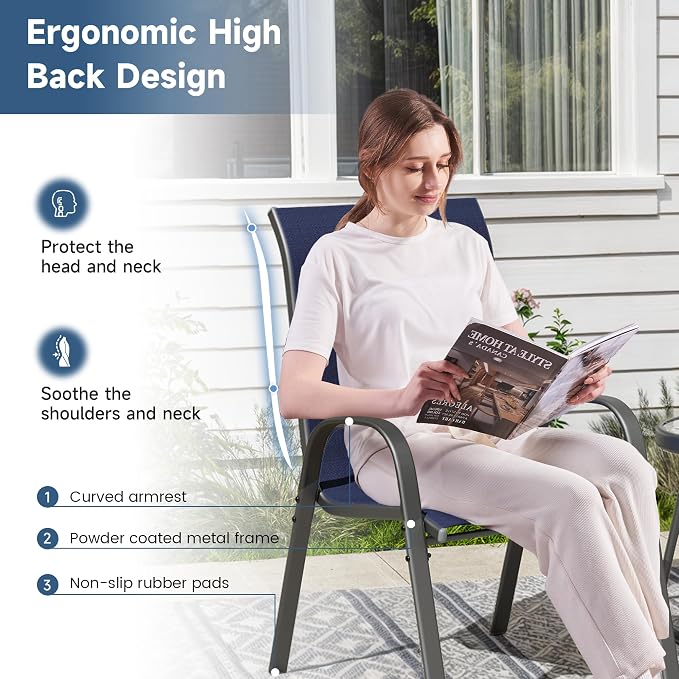 Amopatio 5 Pieces Patio Dining Set for 4, Outdoor Table and Chairs, 4 All Weather Stackable Patio Chairs, 39" Patio Spliced Round Table with Umbrella Hole, for Deck, Backyard, Garden, Blue