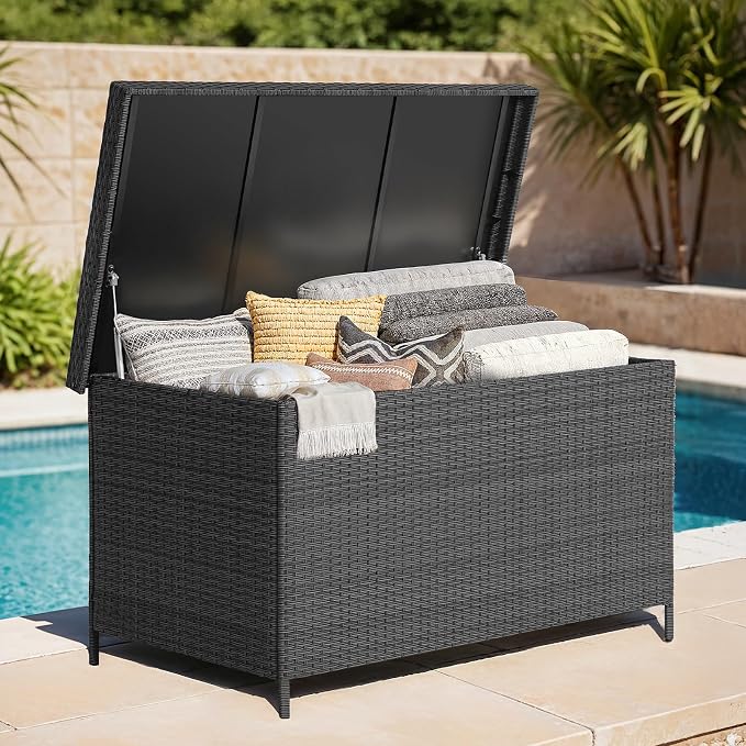 ONBRILL 158 Gallon XL Deck Box with Lid, All Weather Wicker Outdoor Storage Box Waterproof, Large Outdoor Patio Storage Bin for Cushions, Garden Tools, Gears, Black