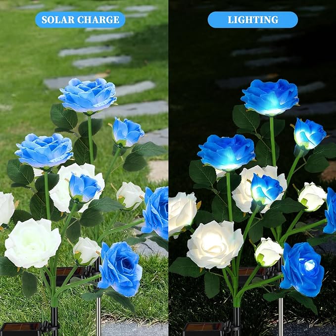 Lewtemi 2 Pack Solar-Powered Artificial Cemetery Flowers, Waterproof Memorial Flower Lights for Outdoor Grave, Garden, Patio, Yard Decoration
