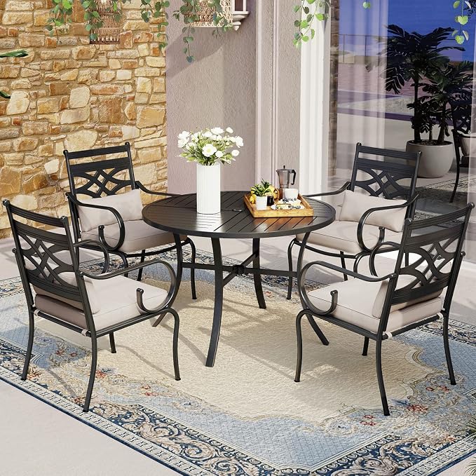 MFSTUDIO 5-Piece Patio Dining Set, 42" Round Metal Table, Fixed Chairs | Umbrella Hole, All-Weather Use