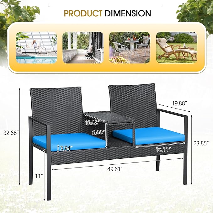 Devoko Patio Conversation Sets Outdoor Loveseat with Built-in Table & Cushions Wicker Patio Furniture Porch Chairs Bench for Lawn, Backyard, Balcony (Blue)