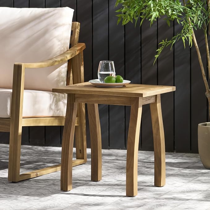Acacia Wood Outdoor Side Table, Weather Resistant Slatted Design Patio Coffee End Table, Decorative Decorated Accent Table for Balcony Beach Poolside, Natural Stained (Natural Stained + Acacia Wood)