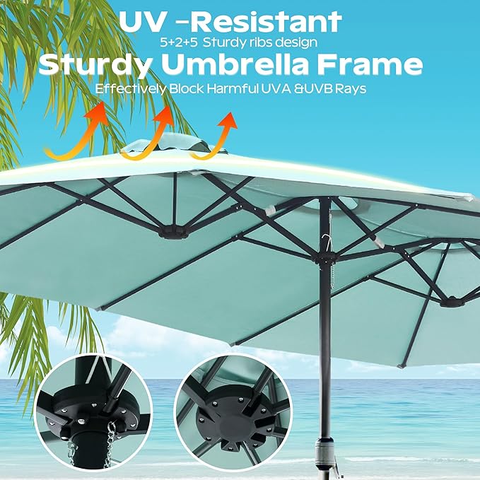 15ft Umbrella Outdoor Patio - Double-Sided Large Market Rectangle Umbrellas with Crank Handle for Patio Garden Yard Pool (No Base)