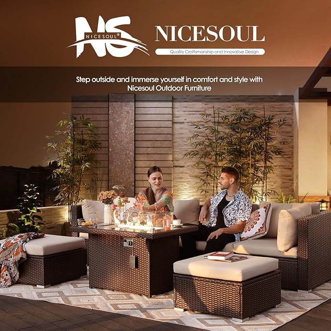 NICESOUL 11 Piece Outdoor Furniture Set with Natural Gas/Propane Firepit, Luxury 10-Seater Patio Sectional, 29.3'' High-Back Backyard Seating, All-Weather Rattan Couch Set for Deck, Brown & Beige