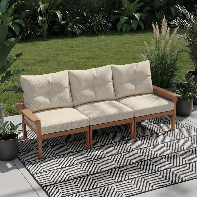 HDPE 4 Piece Patio Furniture Set, All-Weather Outdoor Couch with Thick Cushions & Coffee Table & Side Table, Patio Conversation Sets for Lawn, Garden, Porch, Balcony, Deck, Poolside,Teak Beige