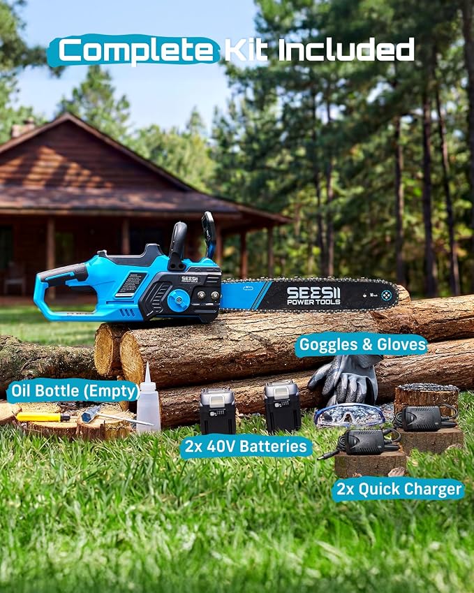 SEESII 40V 16-Inch Cordless Chainsaw: Brushless Electric Chain Saws with 2×4.0Ah Batteries & Charger, Tool-Free Chain Tension, Auto Oiling, for Tree Trimming, Wood Cutting, Yard Work