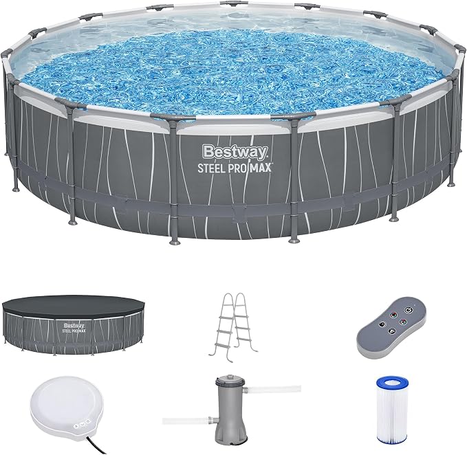 Bestway Steel Pro MAX 15' x 42" Above Ground Pool, Round Metal Frame Outdoor Swimming Pool Set with LED Light, Filter Pump, Ladder, & Cover, Dark Gray