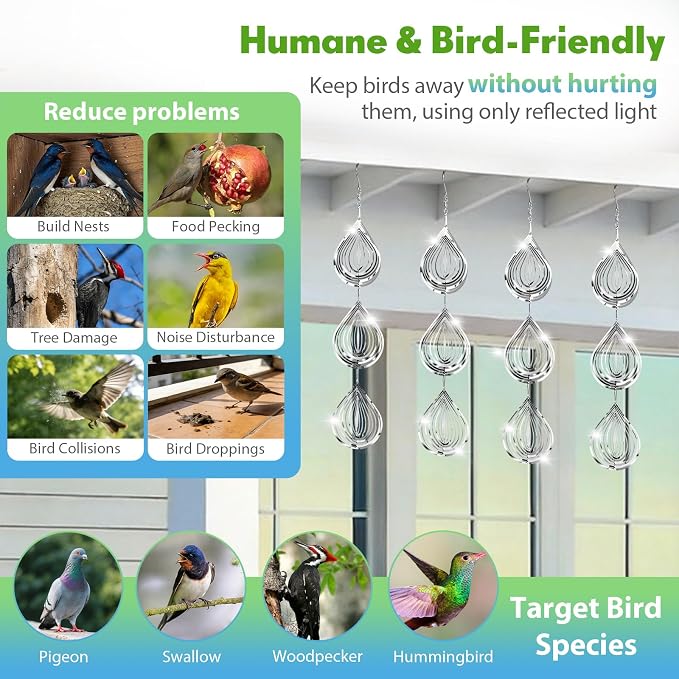 Bird Deterrents for Outside, 12 Discs Stainless Steel 3D Wind Spinners Garden Decor, 4 Sets Reflective Bird Scare Devices to Keep Woodpeckers, Pigeons Away from Patio, Balcony, Porch, Deck