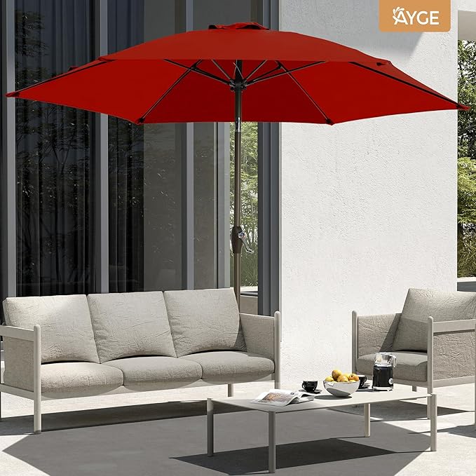 Ayge 7.5FT Large Outdoor Patio Umbrella Market Table Umbrella-UV Resistant, Easy Push Button Tilt and Crank, 6 Sturdy Fiberglass Ribs Heavy-Duty Pool Umbrella for Deck, Backyard,Garden, Yard,Red