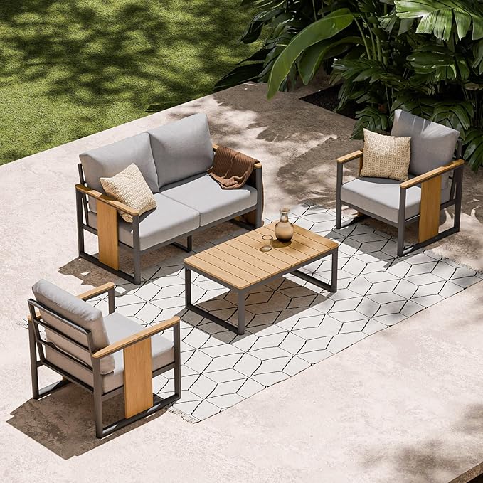 ZANDOR Aluminum Outdoor Patio Furniture Set,4-Piece Sectional Sofa with Coffee Table,Washable Thick Cushions,Modern Patio Conversation Set for Backyard,Garden,Porch,Balcony,Deck,Gray
