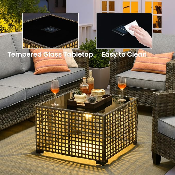 ovios Outdoor Side Table with Tempered Glass Top, Patio Wicker Solar Table, Rattan Bistro End Table for Porch Deck Balcony Garden Poolside, Grey