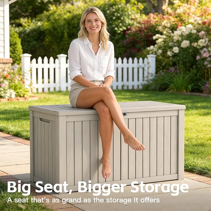 Mars Villa 150 Gallon Outdoor Storage Box, Resin Deck Box Waterproof for Patio Furniture Cushions, Pool Supplies, Gardening Tools, Weatherproof and UV Resistant, Grey