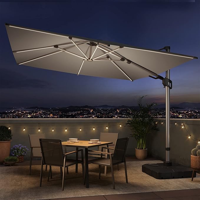 LAUSAINT HOME 10FT Square Cantilever Patio Umbrella with Solar Lights, Windproof Heavy Duty Offset Outdoor Umbrella for Backyard, Pool, Garden & Deck, Gray