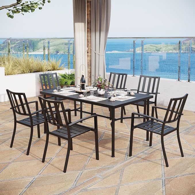 MFSTUDIO Patio Table and Chairs Set, Outdoor Dining Set for 6 with Umbrella Hole, 7 Piece Metal Outdoor Patio Furniture Set for Deck, Backyard, Poolside & Garden