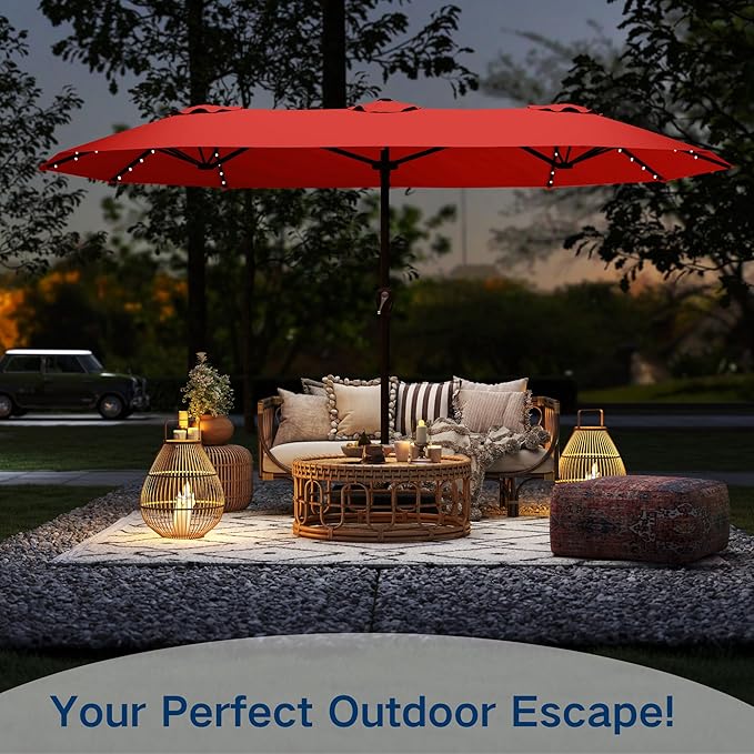 Large Patio Umbrella with Solar Lights and Base, Double-Sided Outdoor Rectangle Umbrella with 48 LED Lights, Market Table Umbrellas with UV Resistant Canopy
