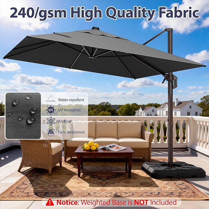 9' X 12' Cantilever Patio Umbrella Rectangle Outdoor Umbrella with Base Included, 6-Level Tilt & 360° Rotation Offset Umbrella for Garden, Deck, Pool (Grey)