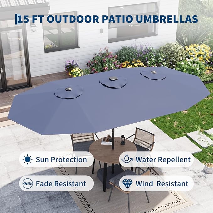 Garvee 15FT Rectangular Patio Umbrella with Solar Lights & Base Included - Large Patio Umbrella with Crank Handle 48 LED Lights, UV Protection for Outdoor Market, Backyard, Deck, Poolside, Navy Blue