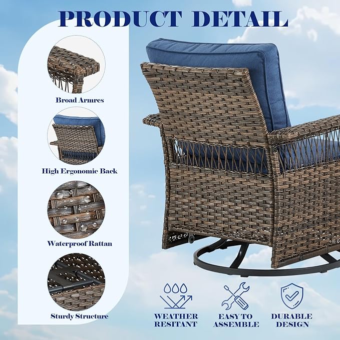 Wicker Outdoor Patio Furniture Set - 6 Piece Rattan Patio Conversation Sets with 2 Swivel Rocking Chairs,2 Ottomans,1 Sofa and 1 Coffee Table for Porch Deck Garden(Brown/Blue)