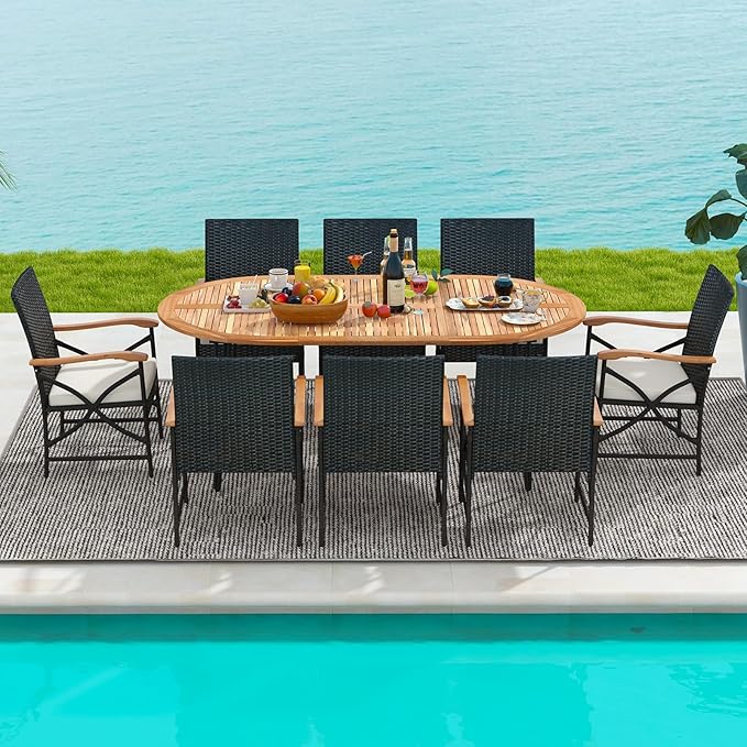 Tangkula 9 Pieces Patio Rattan Dining Set, Outdoor Oval Acacia Wood Dining Table and 8 Patio Wicker Armchairs Set with Umbrella Hole, Cushions, Metal Frame, Outdoor Dining Furniture Set for Garden