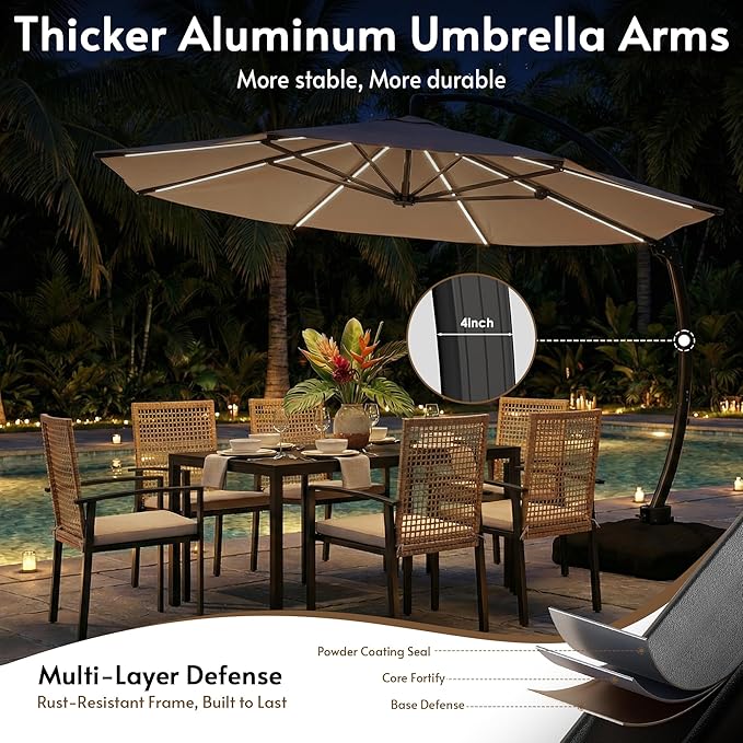 12FT Solar Powered LED Light Cantilever Patio Umbrella with Base Included, Large Cantilever Umbrella with 360°Rotation, Heavy-Duty Offset Outdoor Umbrella for Patio,Pool,Backyard (Champagne)