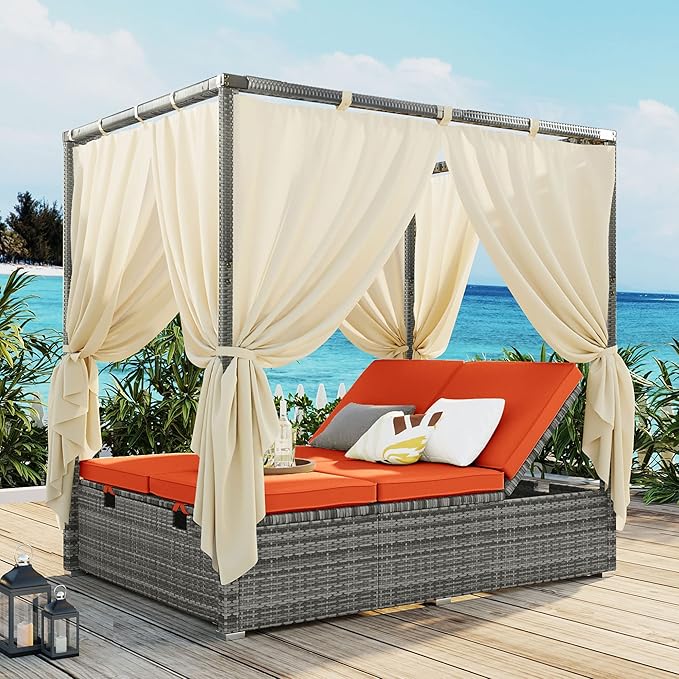 KEVINSPACE Outdoor Daybed with Curtain Canopy Bed Patio Furniture Adjustable Sunbed Set All-Weather Rattan Sun Lounger Patio Wicker Sofa Set Patio Conversation Set Curtains for Garden Yard Orange