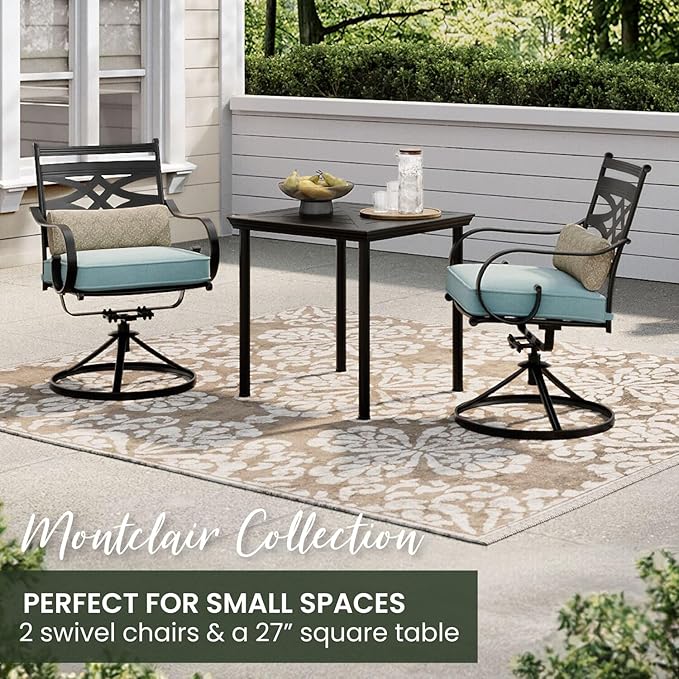 Hanover Montclair 3-Piece Outdoor Bistro Set with 2 Swivel Rocker Chairs with Comfortable Seat and Lumbar Cushions, 27" Square Stamped Rectangle Table, All-Weather Patio Conversation Set