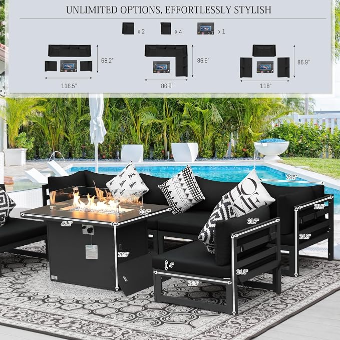 BULEXYARD 7 Piece Luxury Aluminum Outdoor Sectional Sofa with Fire Pit Table, Oversized L Shaped Patio Furniture Set, 29 inch Deep Wide Seating, 500 lbs Heavy Duty Conversation Set for Backyard, Black