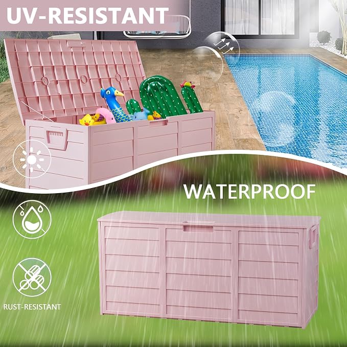 75 Gallon Outdoor Deck Box, Waterproof Storage Box with Wheels, Lockable Wheels, Patio Storage Box Storage, Resin Structure for Garden,Patio (Pink)