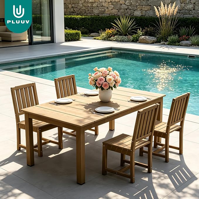 PLUUV 5-Piece Outdoor Dining Set – HDPE Patio Furniture with Aluminum Table, Umbrella Hole, and 4 Armless Chairs, All-Weather Resistant for Garden & Backyard, Brown
