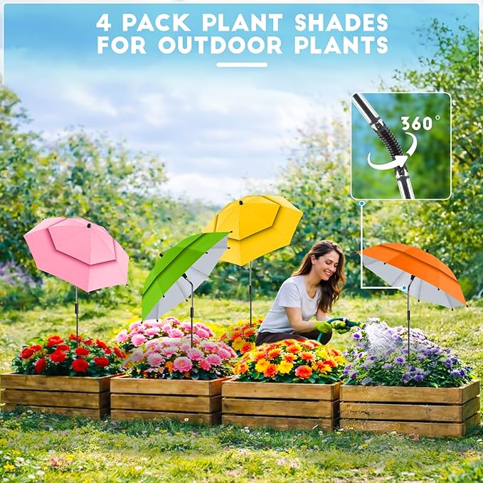 4 Pack 24.9" Double Canopy 47.2" Height Plant Umbrellas for Outdoor Plants, 3D Stakes 360° Adjustable Plant Shades for Outdoor Plants, Garden