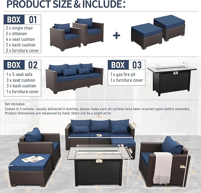 6-Piece Patio Furniture Set Outdoor Furniture Set with 45'' Propane Gas Fire Pit Table Outdoor Conversation Set Wicker Sofa Set Non-Slip Cushions Waterproof Covers, Navy Blue