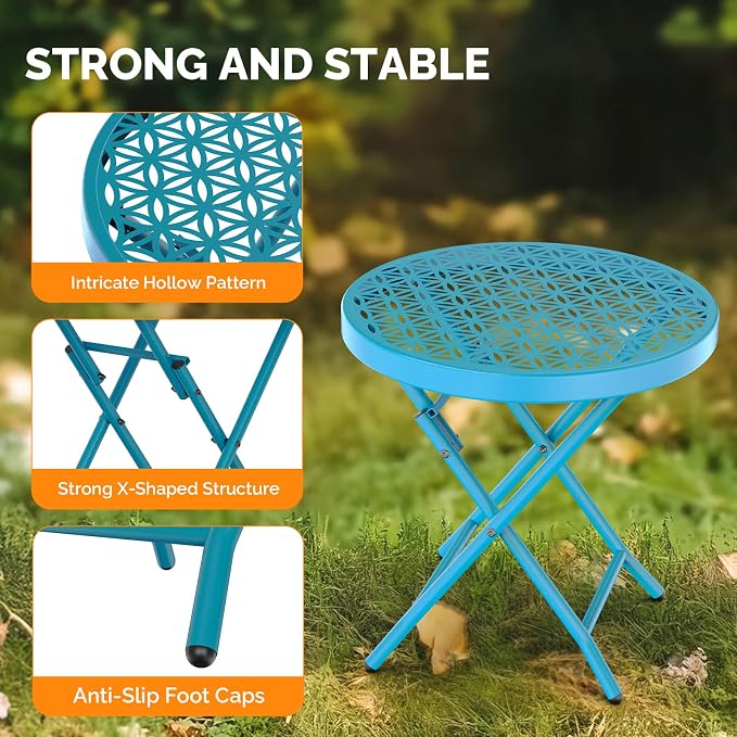 VINGLI Patio Folding Side Table, Small Outdoor Table with Everlasting Floral Pattern and Sturdy X-Shaped Metal Frame Ideal for Indoor & Outdoor Balcony, Porch, Backyard, Deck, Blue, 1 Pack