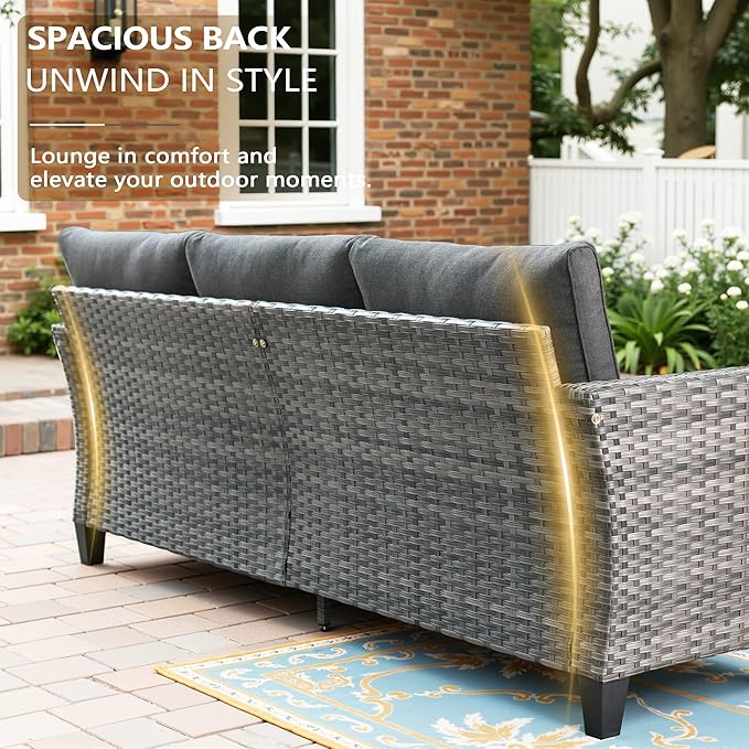 Patio Furniture, All Weather Wicker 6 PCS Outdoor Sofa with High Back Swivel Rocker Chairs, Conversation Set with Solar Light Coffee Table,Light Rattan Black Cushion
