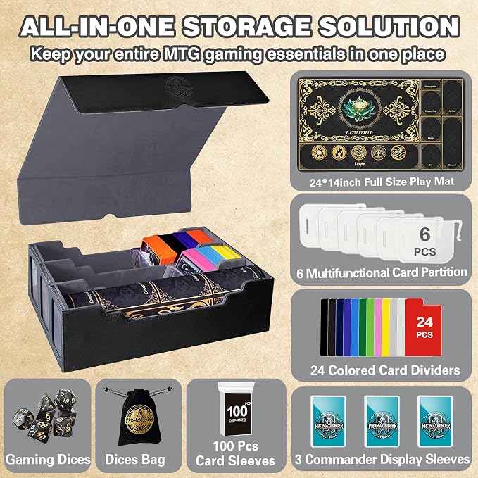 PROMAXIBINDER MTG Trading Card Storage Box with Playmat Fits 3000+ Cards, B-Row Commander Deck Case, 3 Display Windows, 6 Movable Partitions, 24 Dividers, for Magic/TCG/YuGiOh/Sport (Black&Grey)