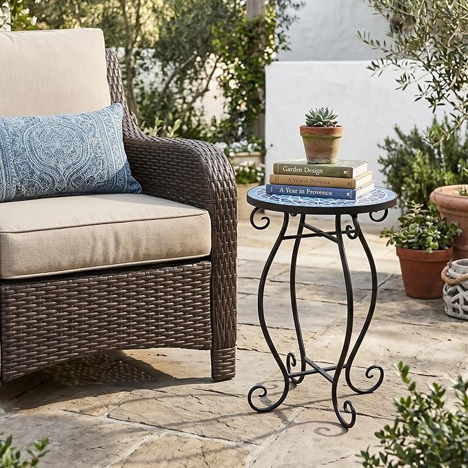 Giantex Outdoor Side Table, Mosaic Patio Table, 12inch Accent Table Plant Stand Indoor, Ceramic Tile Top Metal Frame, Small End Table Porch Beach Patio Garden Balcony Poolside