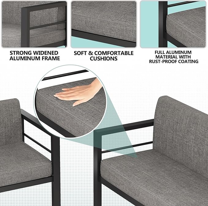 4 Piece Modern Aluminum Patio Furniture Set, Outdoor Metal Seating Sets, Patio Sectional Conversation Set with Soft Cushion and Coffee Table (4 Piece Set)
