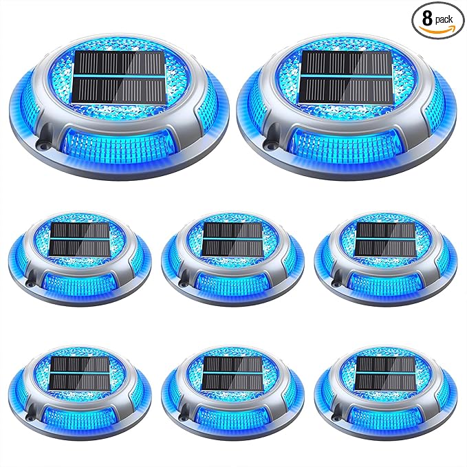 Solar Driveway Lights, 8 Pack Heavy Duty Driveway Lights Solar Powered 2 Color Mode (Cool White/Blue) IP68 Waterproof Outdoor Solar Deck Lights with Ground Stake for Pathway Garden Yard Walkway Dock
