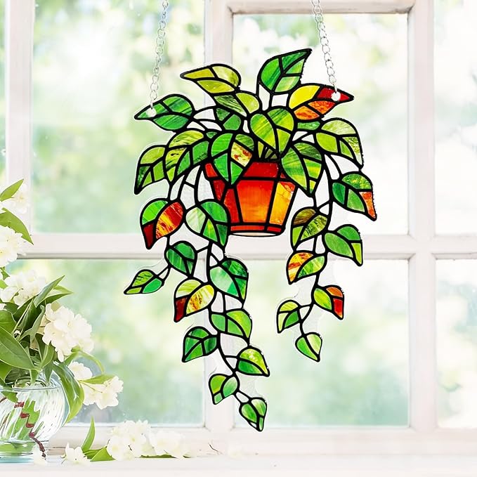Plant Suncatcher Glass, Stained Glass Suncatcher Plant Window Hanging, Unique Nature Lover Gifts Leaf Ideas