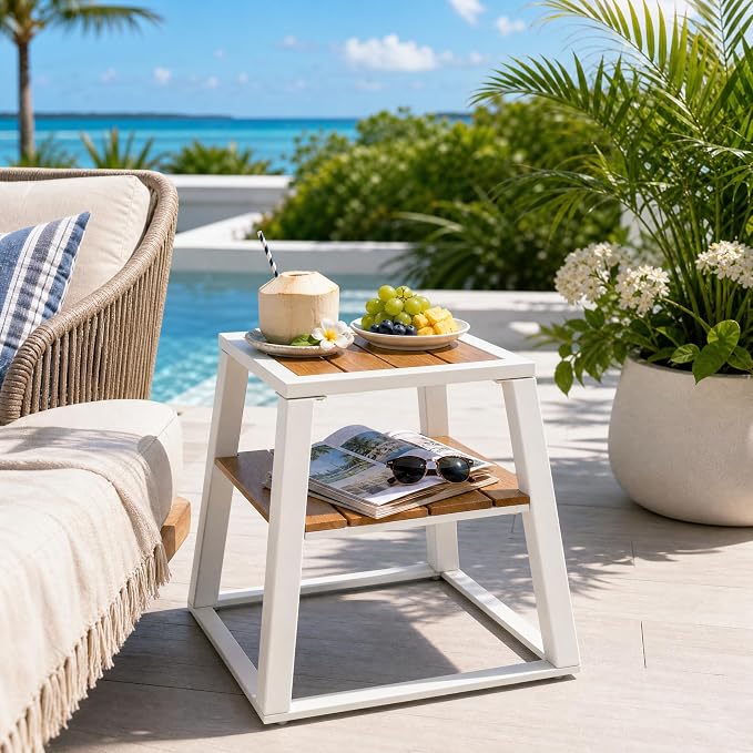 Christopher Knight Home Tova 2-Tier Acacia Wood Outdoor Side Table, Decorative Square Small Accent Table with Slatted Design, Weather Resistant Patio End Table with Iron Frame for Balcony, Teak+White