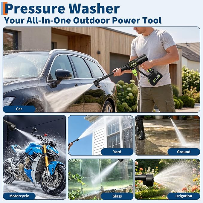 Garvee Cordless Pressure Washer 20V, 320 PSI Brushless Portable Power Washer with 6-in-1 Nozzle, Foam Cannon, 26ft Hose, Battery & Charger