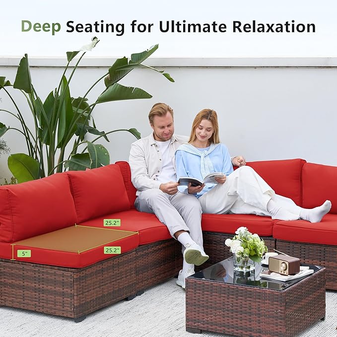 Amopatio Patio Furniture Set 7 Pieces Patio Conversation Set Outdoor Sectional Wicker Rattan Sofa with All-Weather Cover, Patio Furniture with Pillows Fits Porch Garden Backyard Balcony(Red)