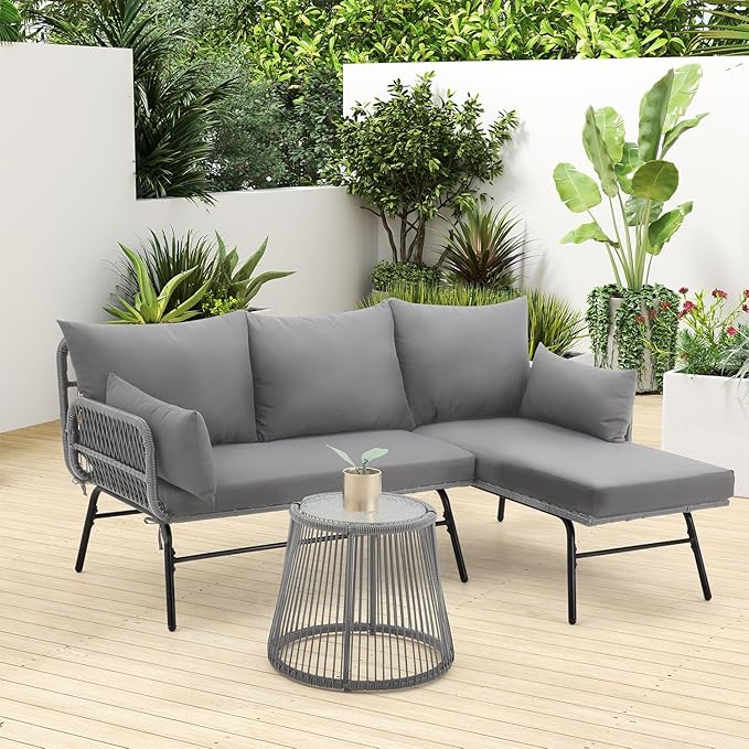 EROMMY 3 Piece Boho Patio Conversation Sets, L-Shaped Sectional Patio Furniture Sofa Set with Thick Cushions and Toughened Glass Coffee Table for Backyard Balcony Garden Porch, Gray