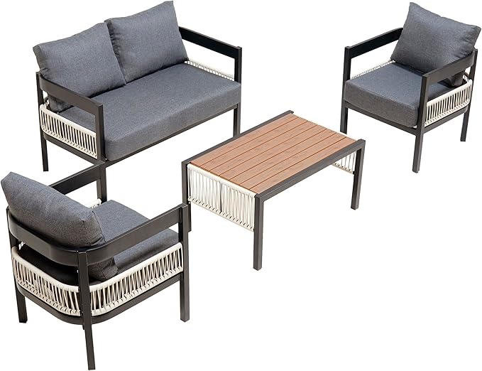 4 Piece Outdoor Iron Sofa Set with A Table, PE Rattan Patio Furniture Sets with Double and 2 Single Seats, Multi-Person Conversation Set for Garden, Lawn Use (Gray/92)