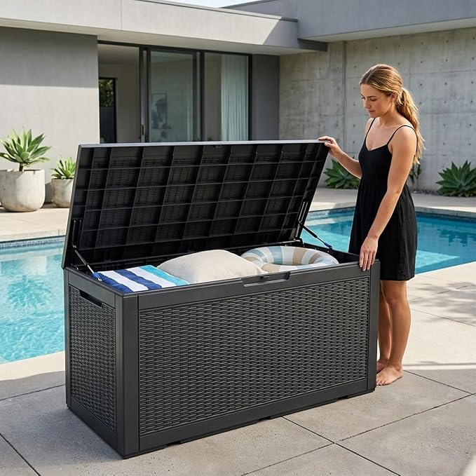 Outdoor Storage Box, 110 Gallon Waterproof Deck Box [Upgraded 3.0], Auto-Open Gas Struts Resin Organizer for Lounger Pillows, Secure Lockable Backyard Storage Bench, Poolside Deck, Black