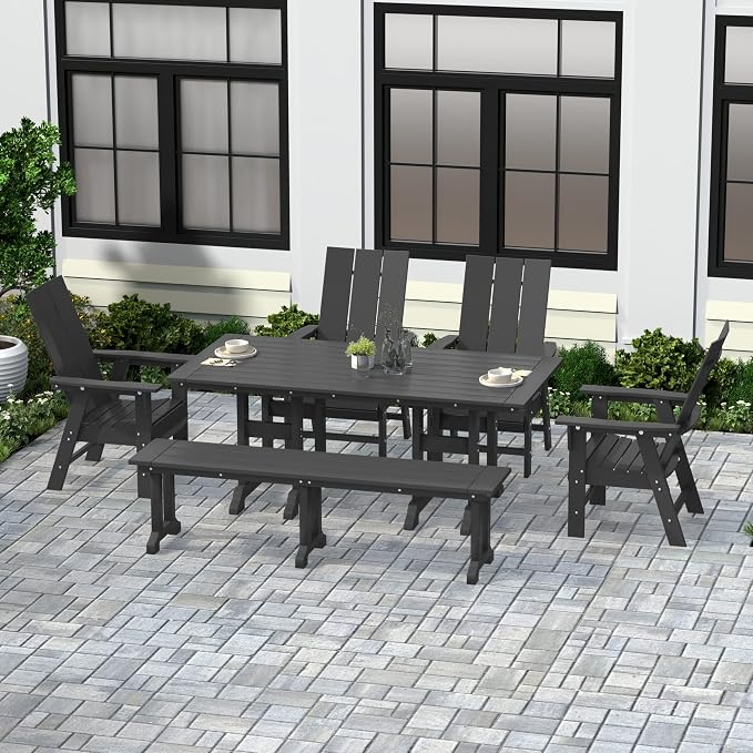 WestinTrends Ashore 6 Pieces Adirondack Patio Dining Set with Bench, All Weather Poly Lumber Slatted Outdoor Furniture Set, 71" Trestle Table and 4 Adirondack Chair and Outdoor Bench, Gray