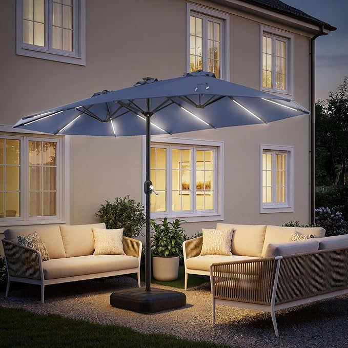 HOMSHADE 15FT Double Sided Umbrella with Light Strips and Base, Rectangle Oversized Patio Umbrellas, Extra Large Outdoor Table Umbrella for Pool, Patio, Garden (Navy Blue)