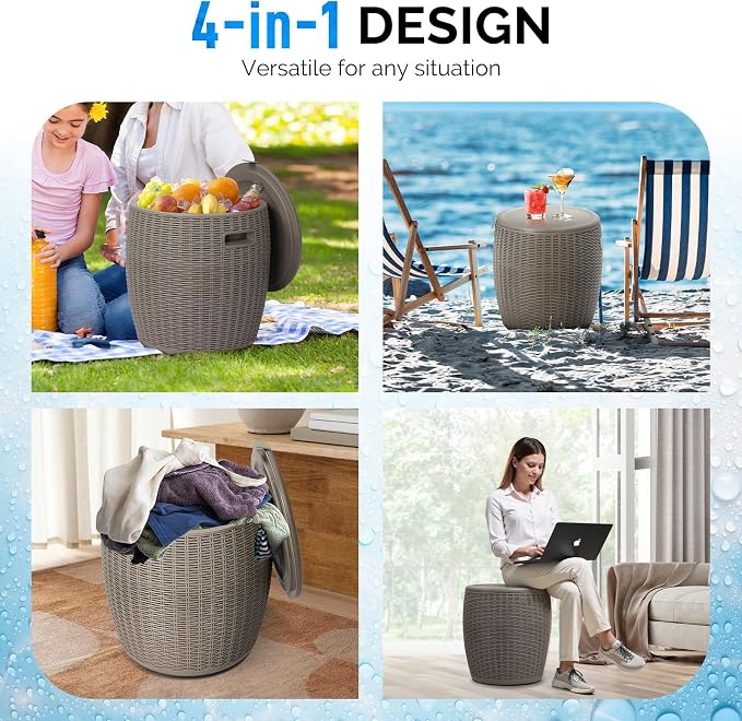 9.5 Gallon Cooler Side Table, Portable Ice Chest with Built-in Handle, Multifunctional Ice Cooler Outdoor Cocktail Side Table w/Lid & Drain for Camping, Picnic, Beach, Pool, Party