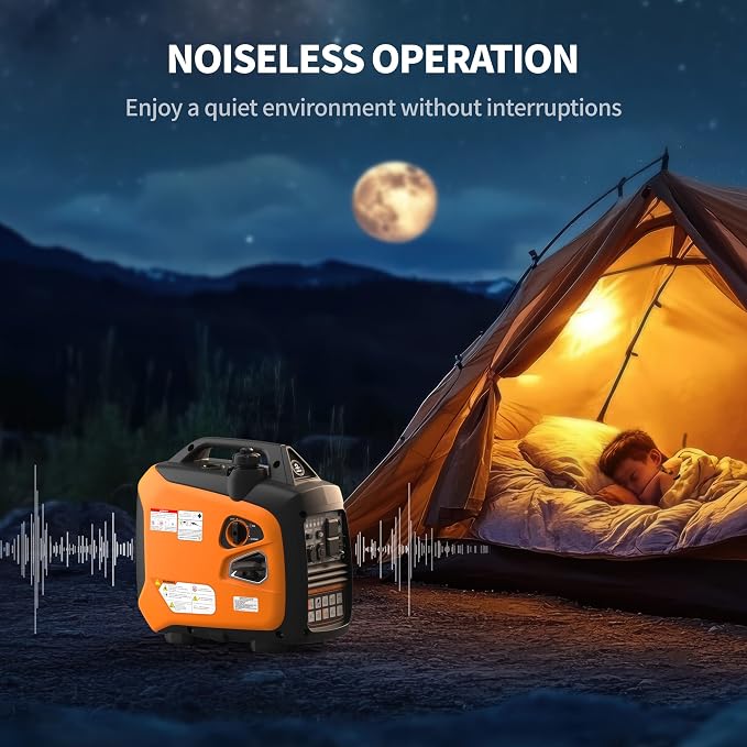 2500W Portable Inverter Generator, Super Quiet Long Runtime Gas Generator for Home Use, with CO Sensor, Parallel Capable, for Camping, RV, Tailgating, Emergency Backup, EPA Compliant (Orange)
