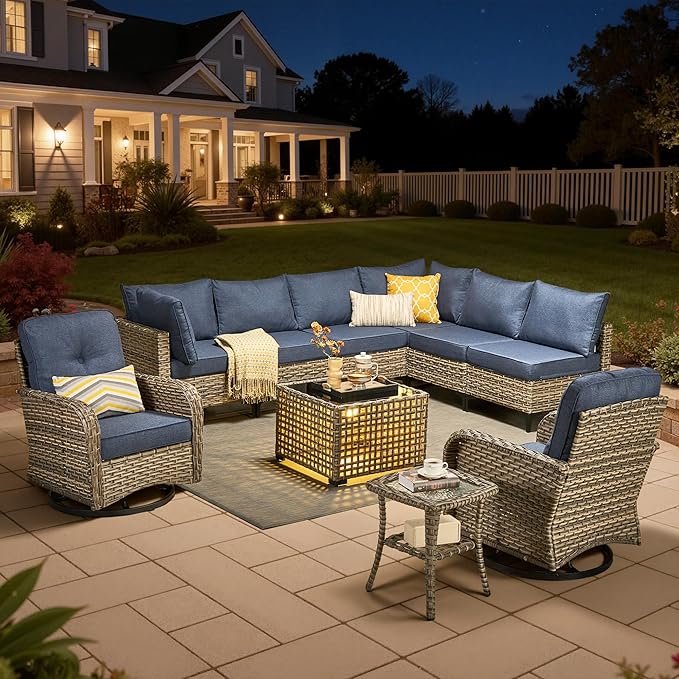10 Pieces Outdoor Sectional Patio Furniture Set with Swivel Rocking Chairs,Wicker Conversation Sets Rattan L Shaped Couch,Modular Outdoor Sofa for Porch Balcony Backyard Denim Blue